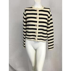 [305] Sweater Cardigan Womens Size Black White Striped Crewneck Button
